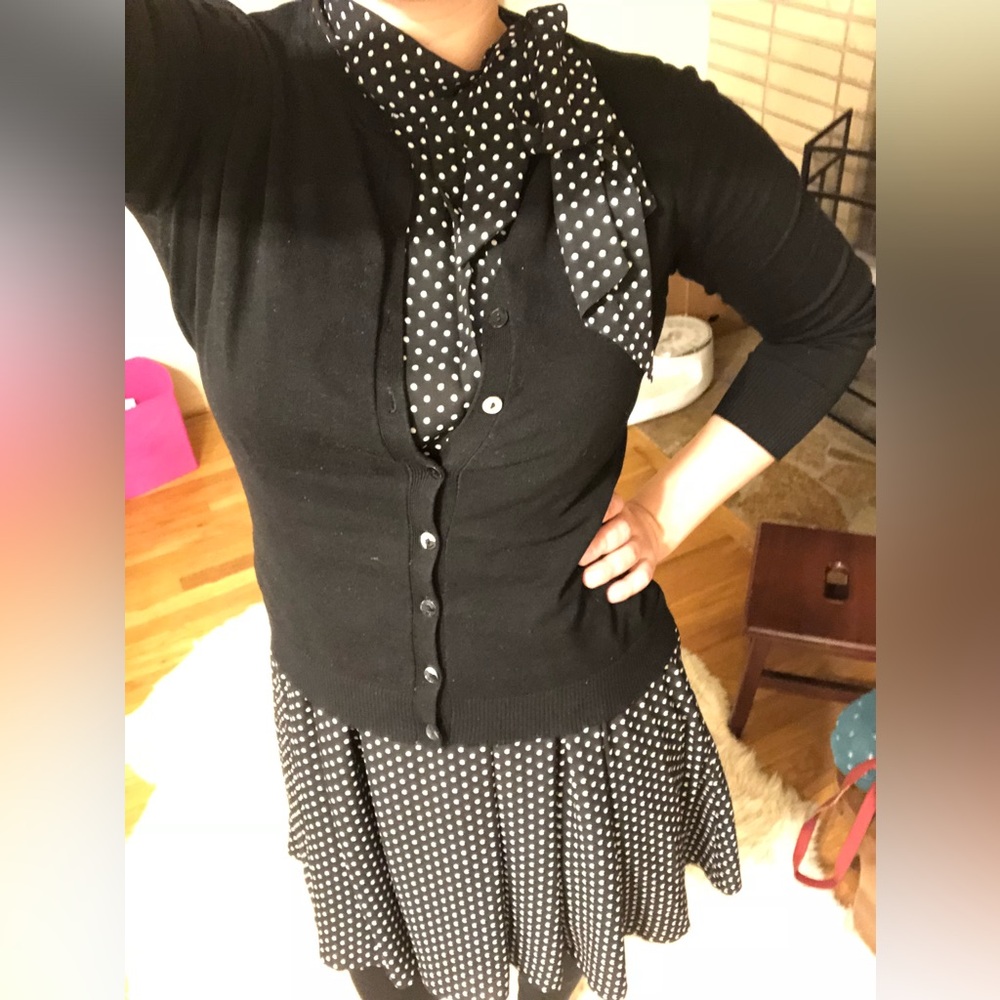 Black and White Polka Dot Dress With Bow/Tie Closure High Neckline - Picture 2 of 3